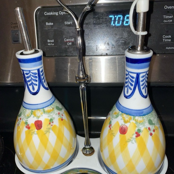 Ceramic Oil and Vinegar Dispenser Set - Blue and Yellow hand painted.  Cruet Set - Picture 2 of 7